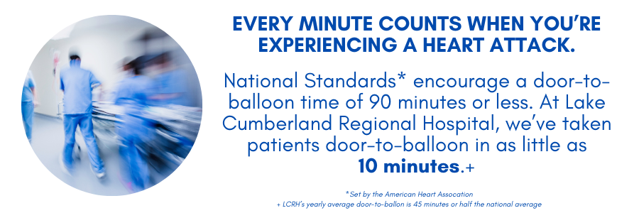Every minute counts when you're experiencing a heart attack. National Standards encourage a door-to-balloon time of 90 minutes or less. At LCRH, we've taken patients door-to-balloon in as little as 10 minutes.+